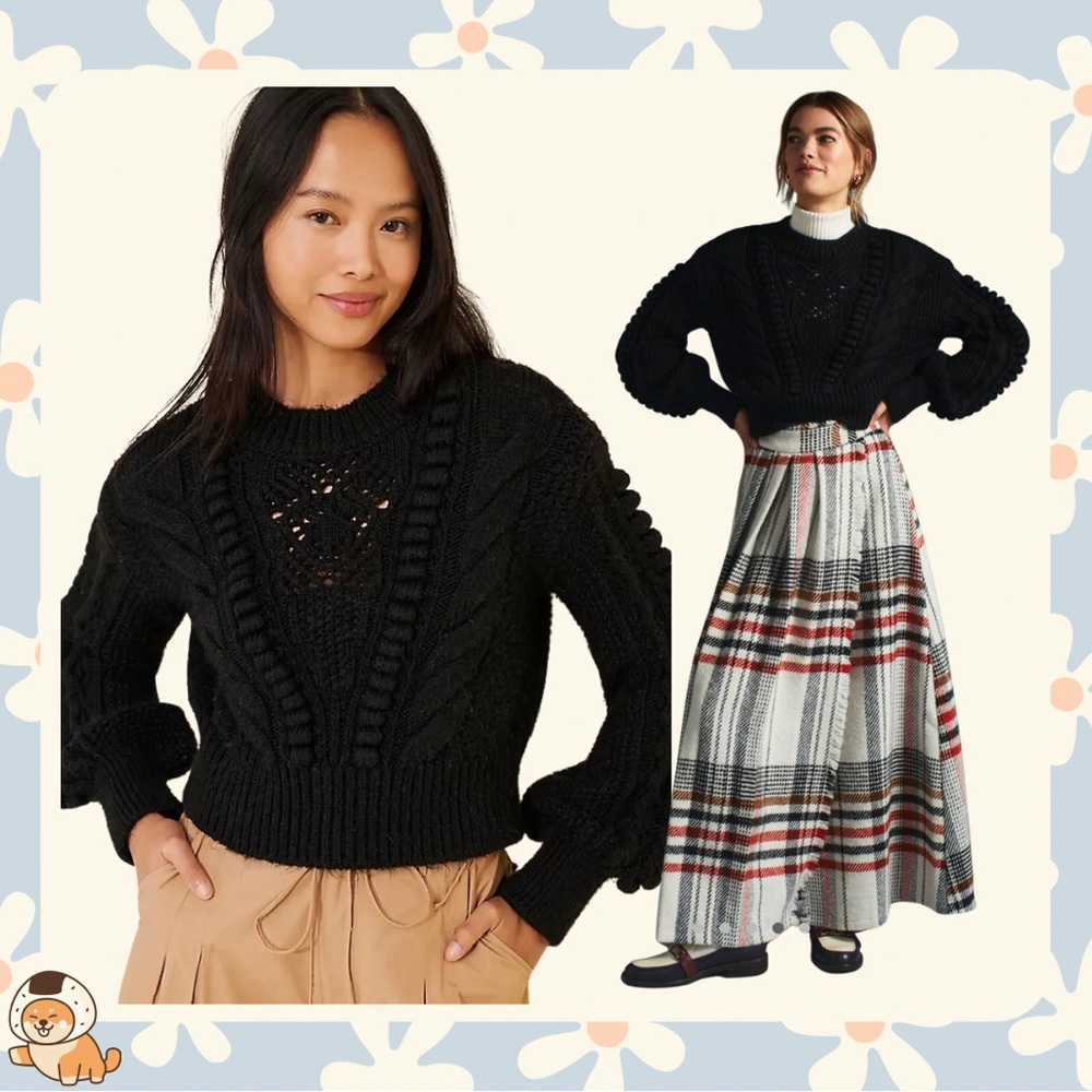 By Anthropologie Cropped Cable-Knit Sweater, Black, Sz Sm
